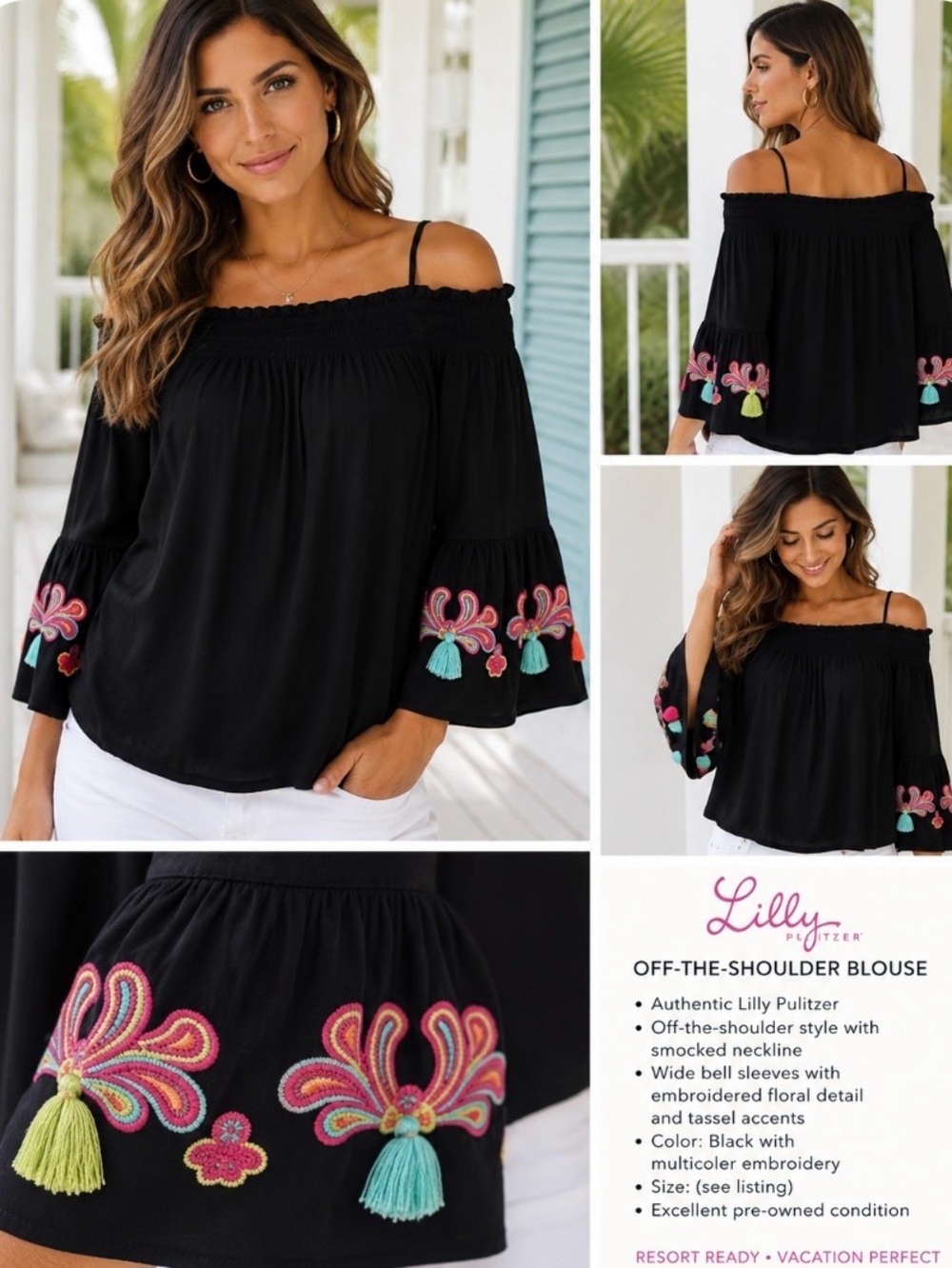 Lilly Pulitzer Black Embroidered Off Shoulder Wide Bell Sleeve Blouse XL